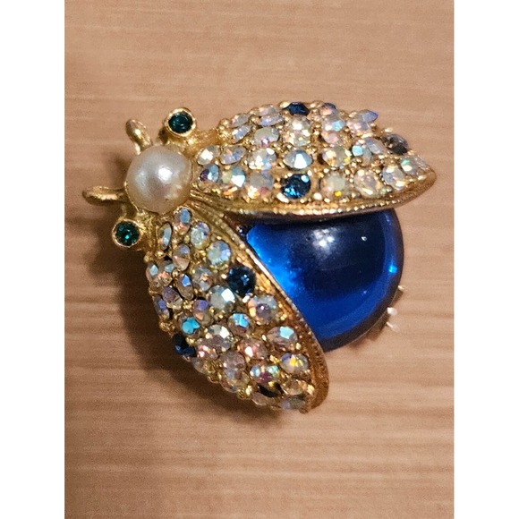 Jewelry - Sparkling Ladybug Brooch Pin Rhinestone Pearl Blue‎ Gemstone Gold Tone